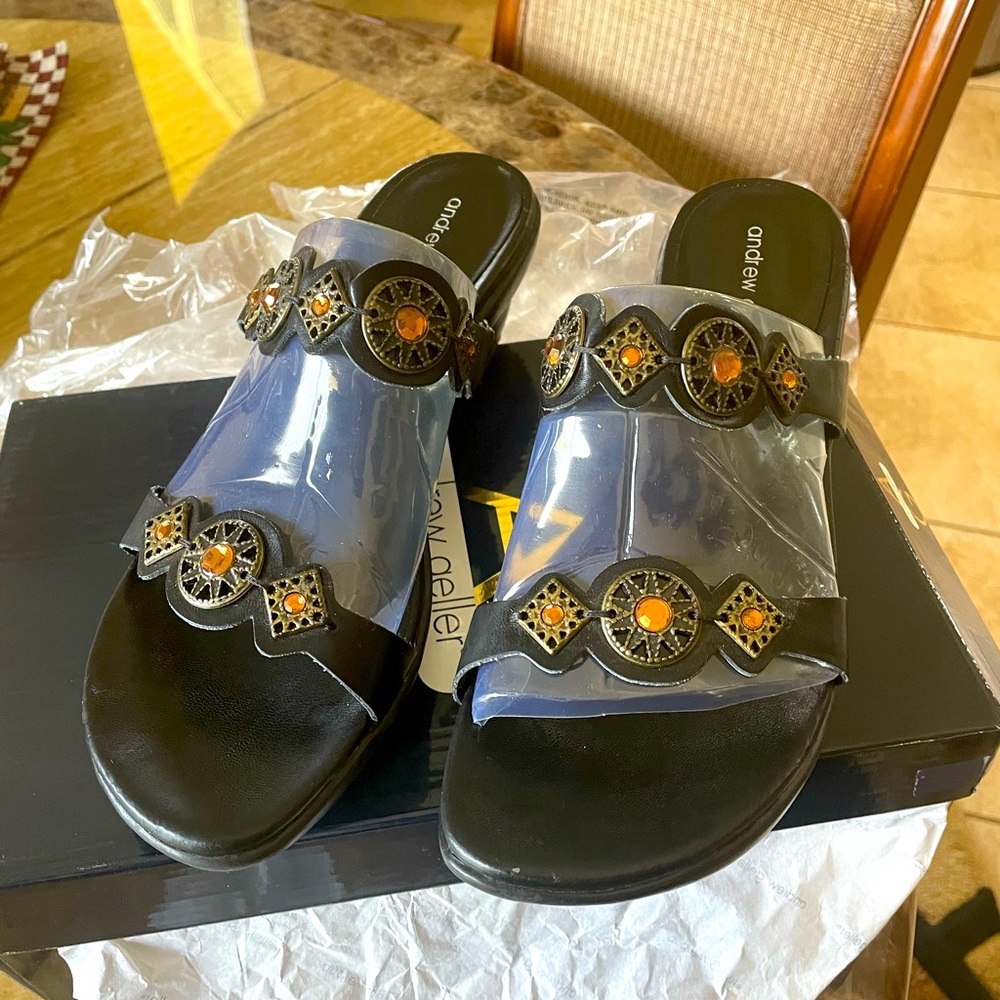 Andrew Gellar Black embellished Double Strap Sandals Man Made Size 10 M